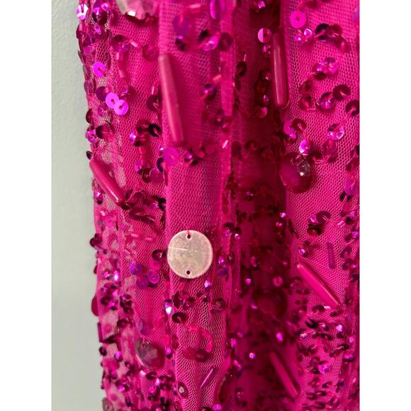 Mac Duggal Hot Pink Beaded Sequined Puff Sleeve One Shoulder Gown Dress Size 10 - Picture 13 of 16